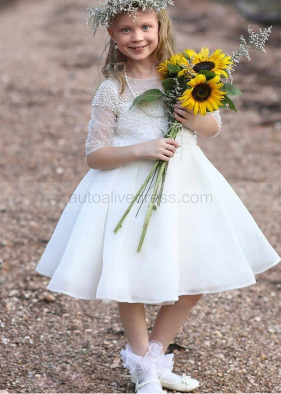 Ivory Pearl Beaded Flower Girl Dress With Horsehair Hem